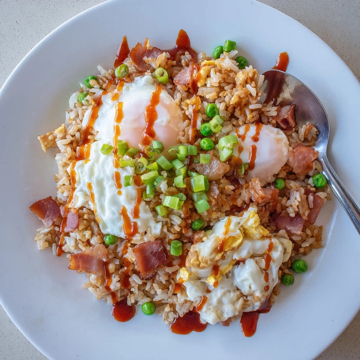 Breakfast Fried Rice with crispy bacon, fluffy rice, scallions and sriracha drizzle