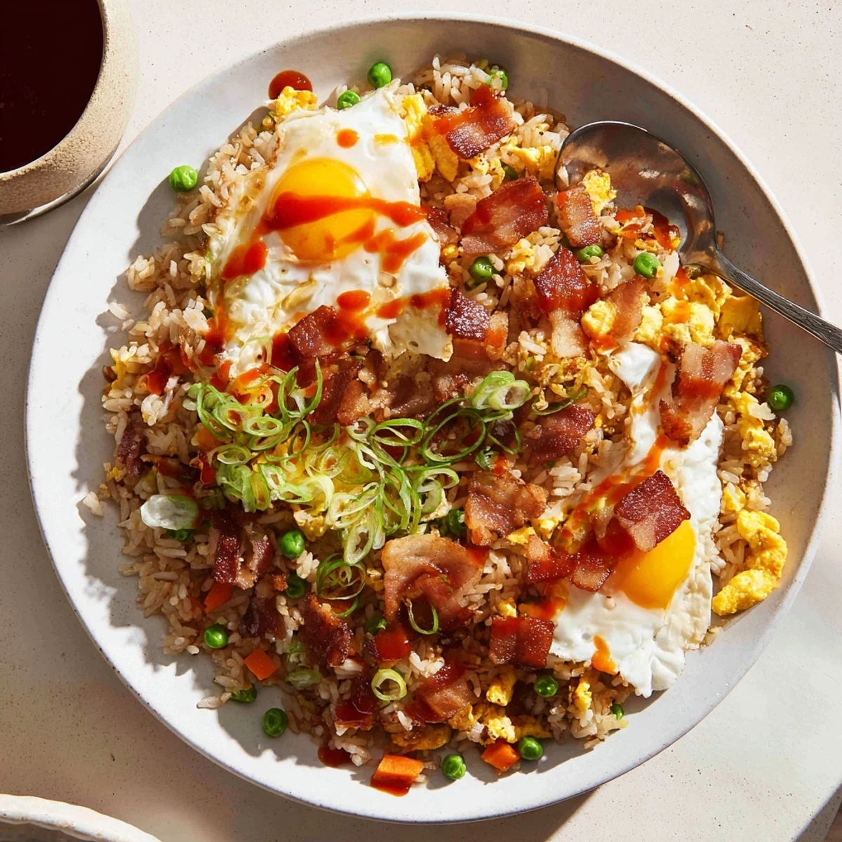 Savory Breakfast Fried Rice sizzling in wok, scrambled eggs and peas