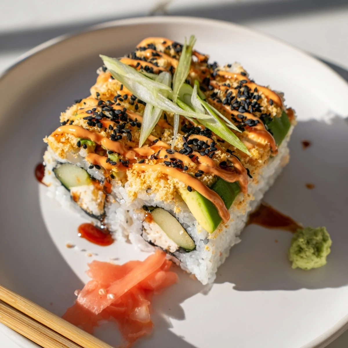 California Crunch Roll Sushi arranged on a platter, creamy avocado and crispy panko
