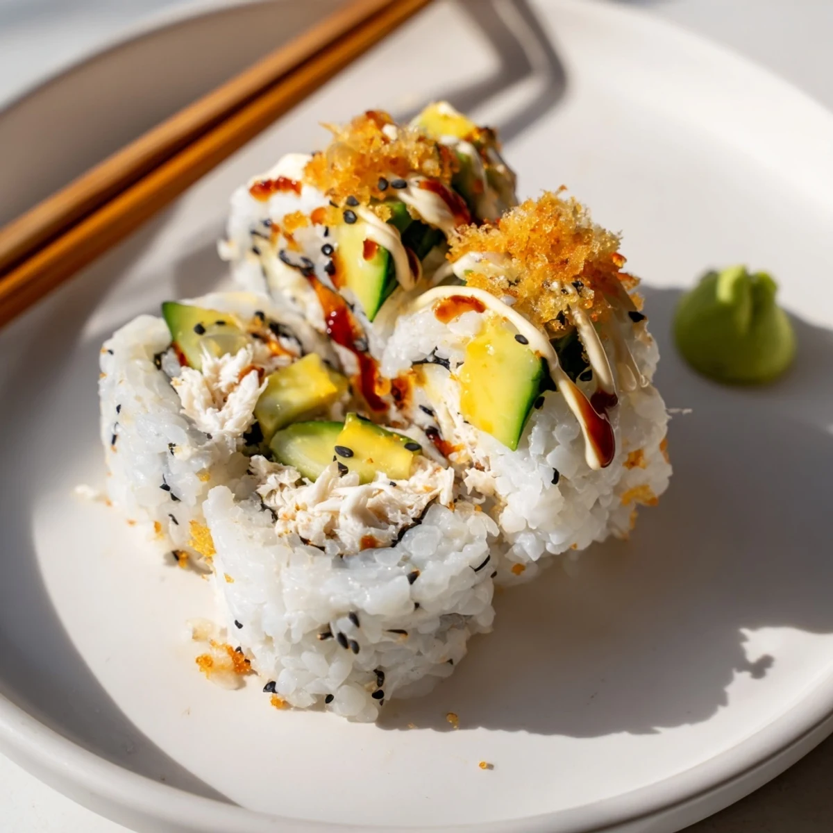 California Crunch Roll Sushi sliced into pieces, drizzled with unagi and sriracha