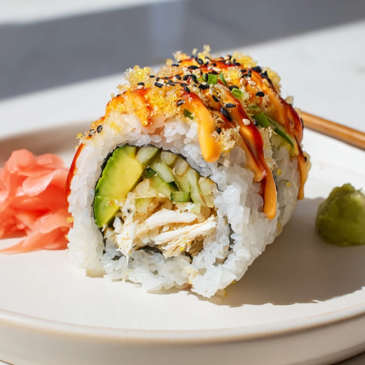 Warm toasted panko atop California Crunch Roll Sushi, scallions and pickled ginger