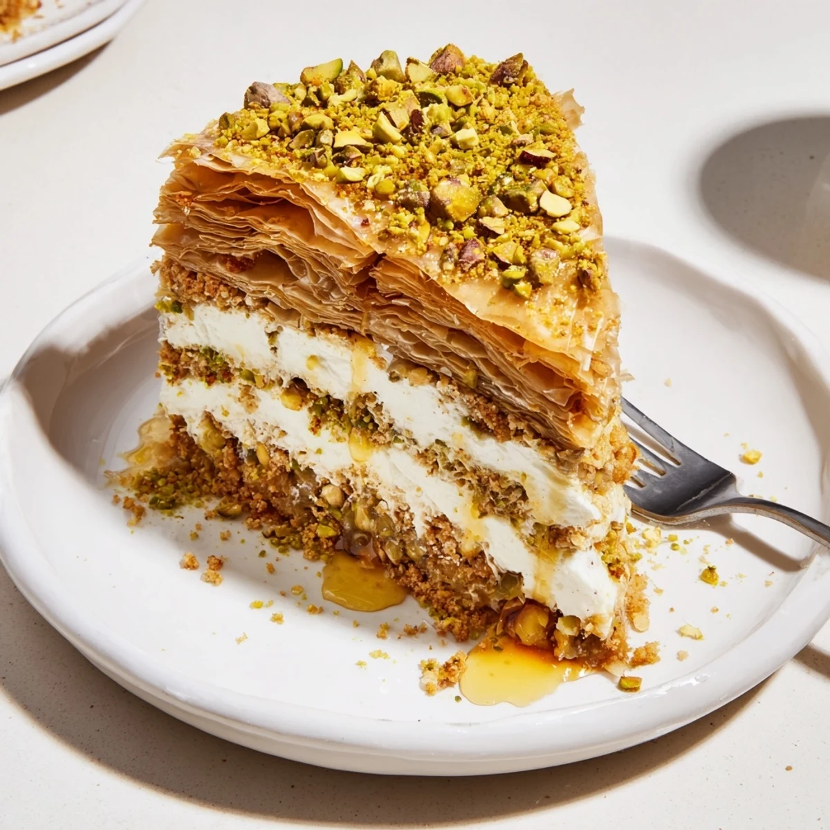 Warm syrup glazed Pistachio Baklava Cheesecake served with Turkish coffee and mint.