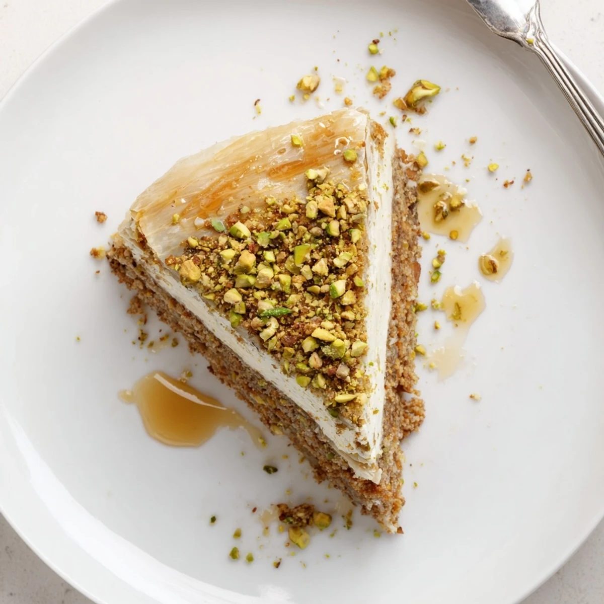 Sliced Pistachio Baklava Cheesecake resting chilled, creamy center and nutty crunch.