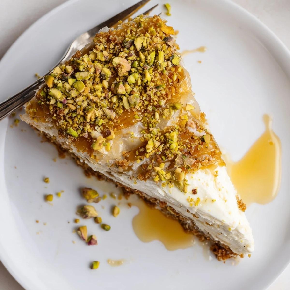 Pistachio Baklava Cheesecake with golden phyllo, syrup drizzle, crunchy pistachio topping.