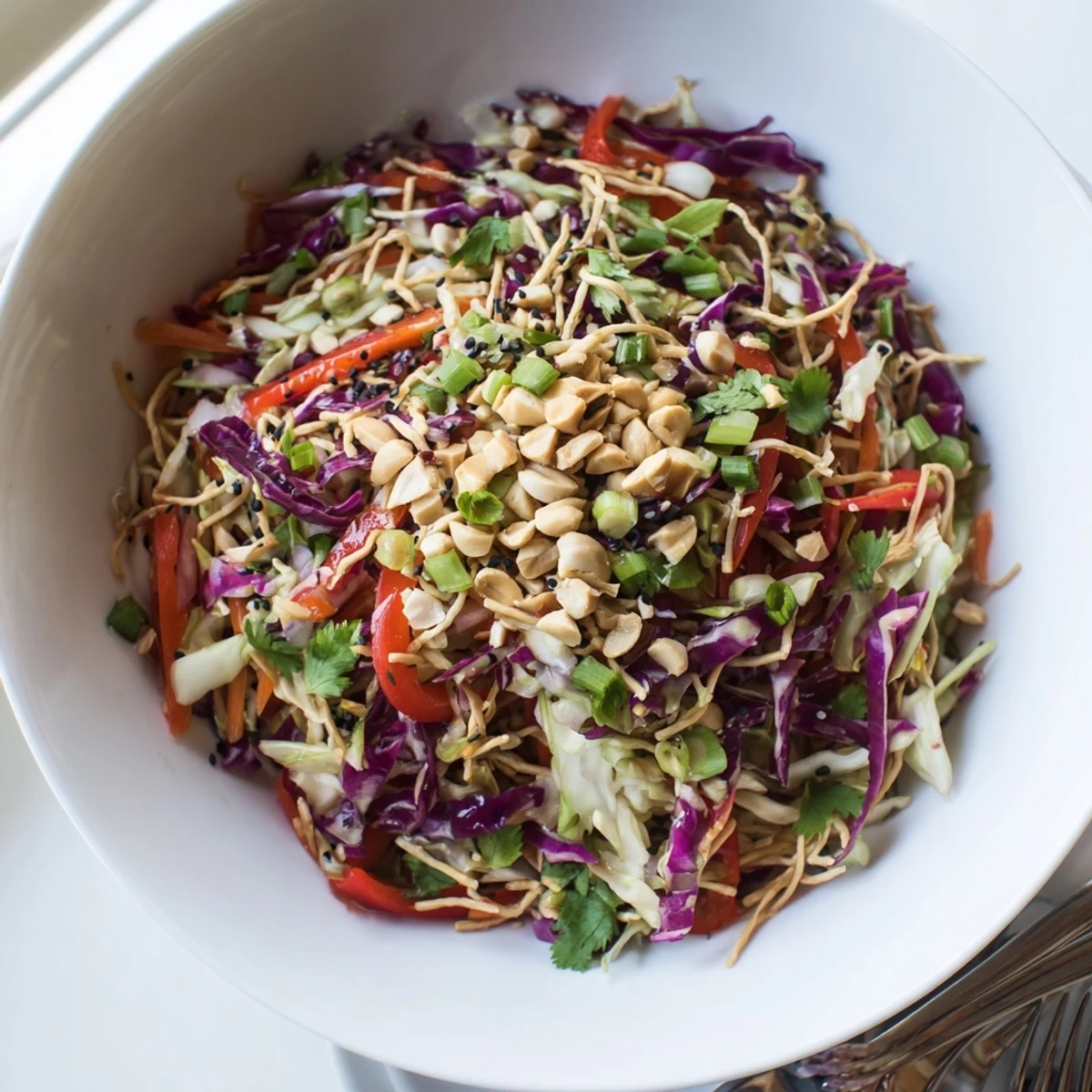 Asian Cabbage Salad with crunchy noodles, vibrant cabbage, sesame dressing sheen