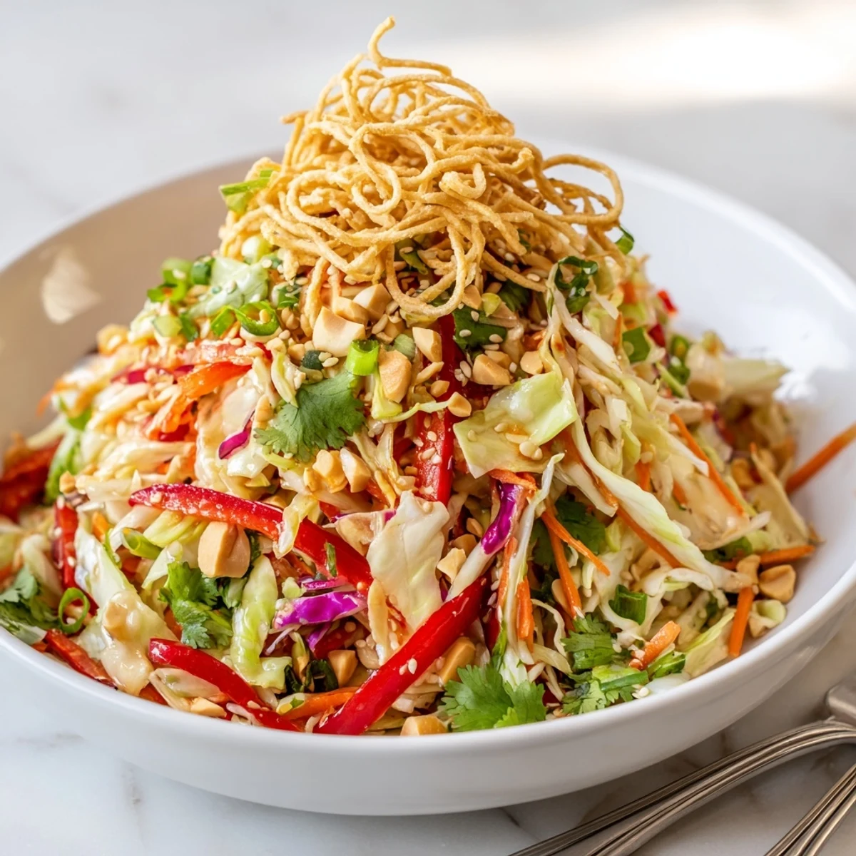 Crisp Asian Cabbage Salad served as light lunch, peanuts and ramen crunch