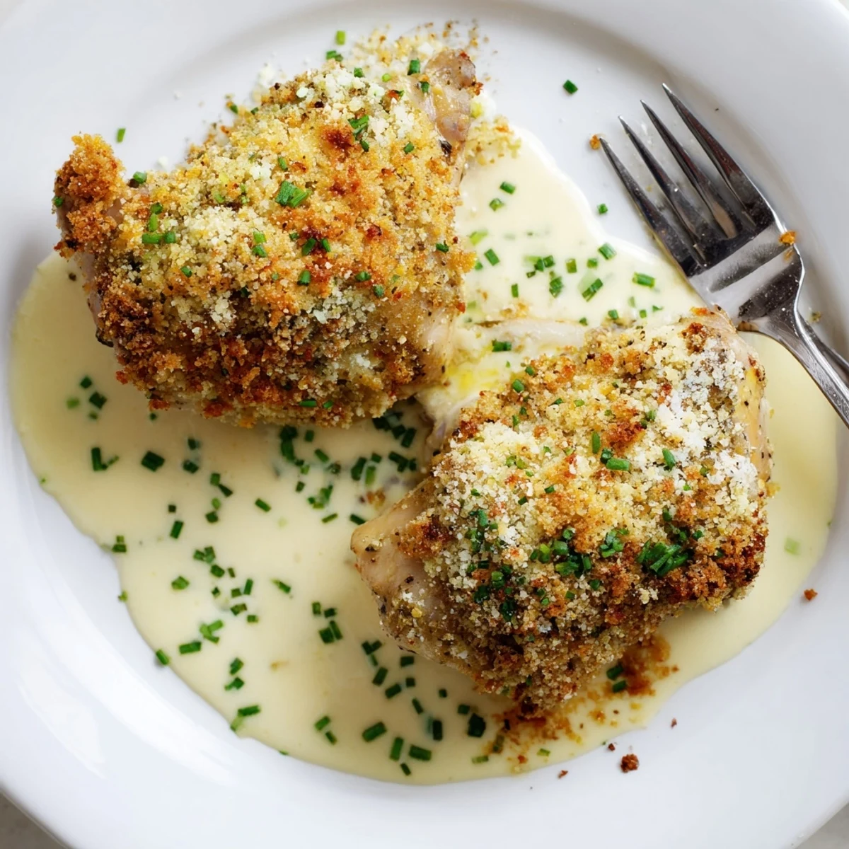 Oven browned, herb scented Golden Herb Crusted Chicken Thighs In Creamy Garlic Sauce