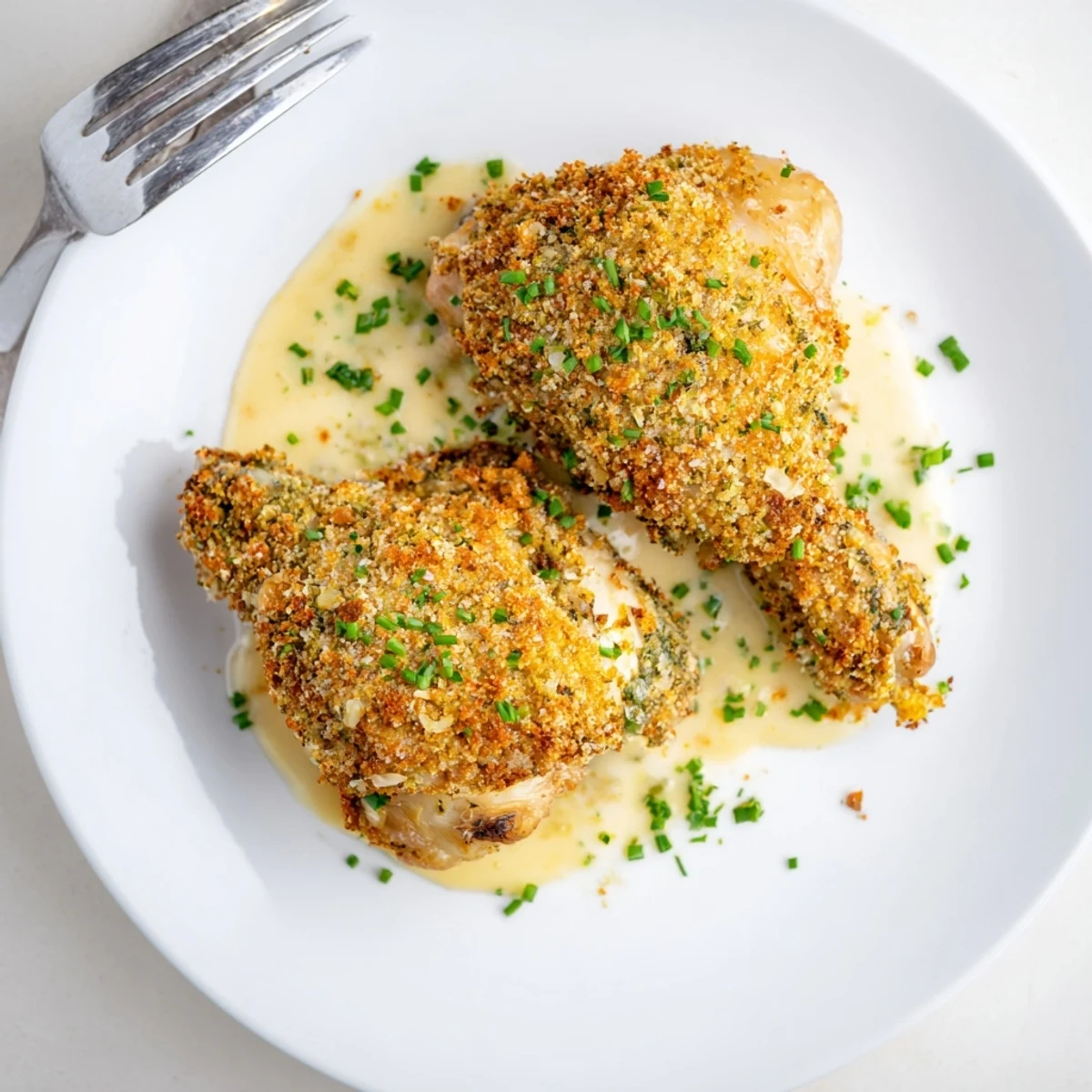 Golden Herb Crusted Chicken Thighs In Creamy Garlic Sauce, served with roasted potatoes