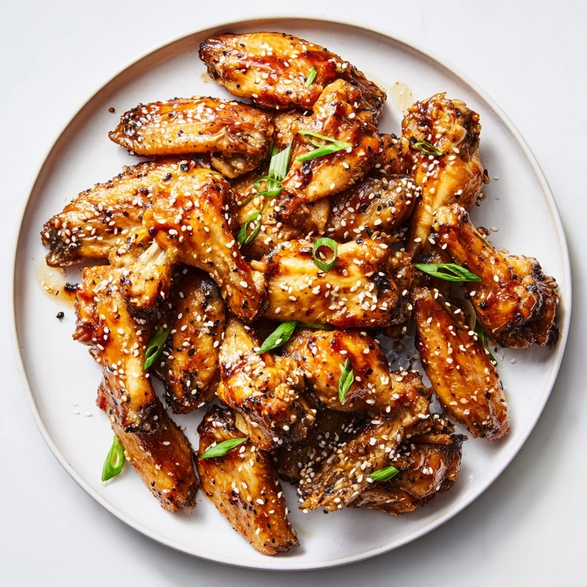 Sticky Teriyaki Baked Wings glistening with sesame seeds, served on rustic platter