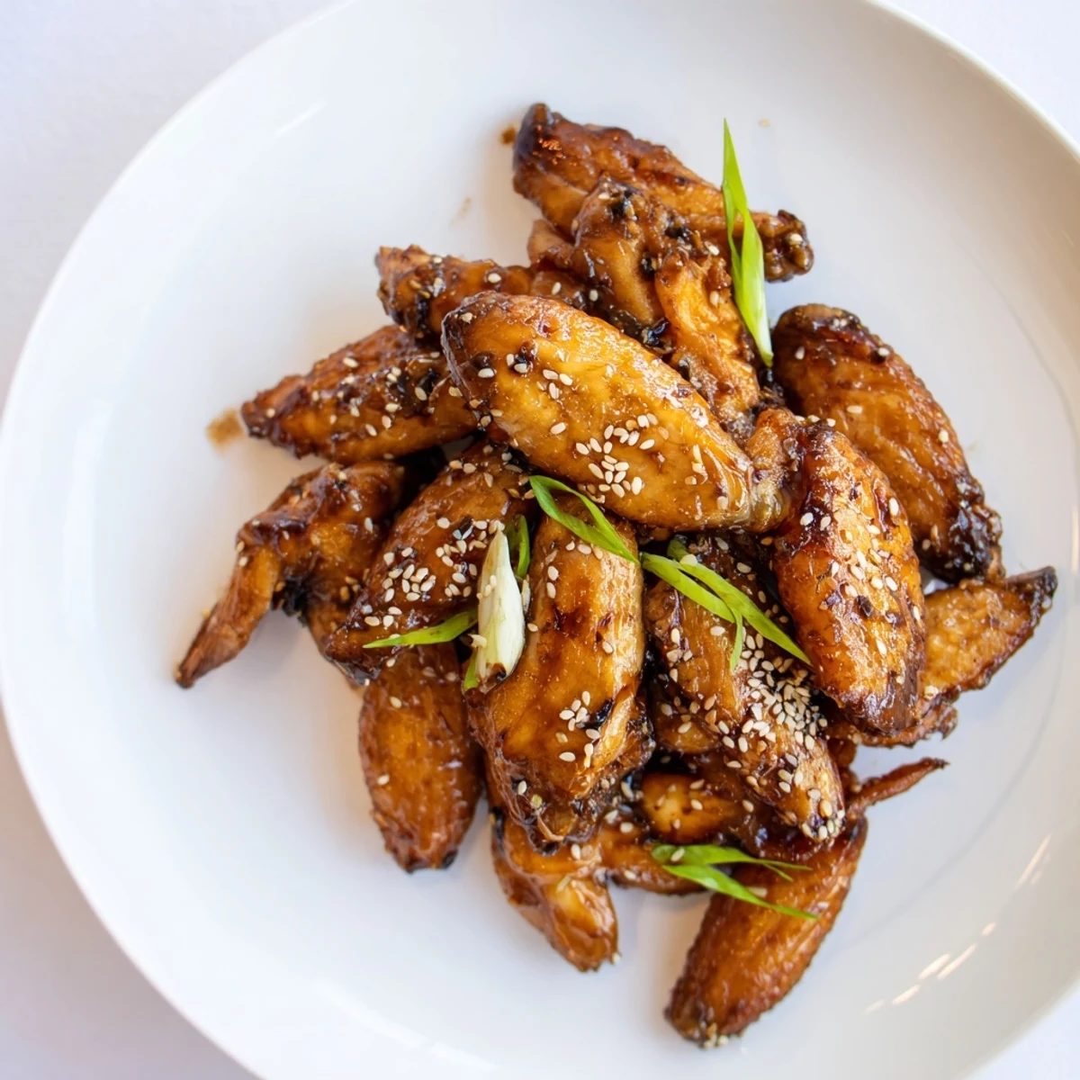 Crispy Sticky Teriyaki Baked Wings tossed in glossy sauce, garnished with scallions