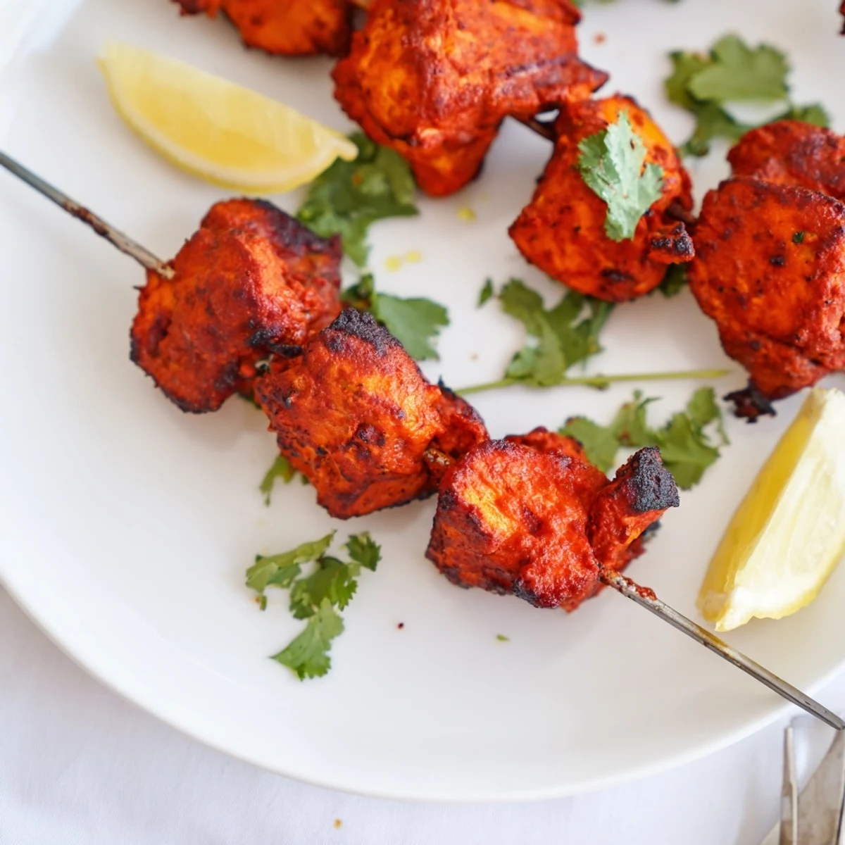 Smoky grilled Tandoori Chicken Tikka Skewers resting on platter with cilantro