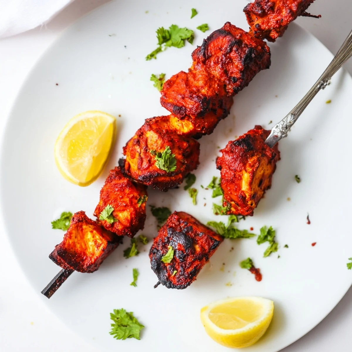 Tandoori Chicken Tikka Skewers sizzling with charred edges, served with lemon
