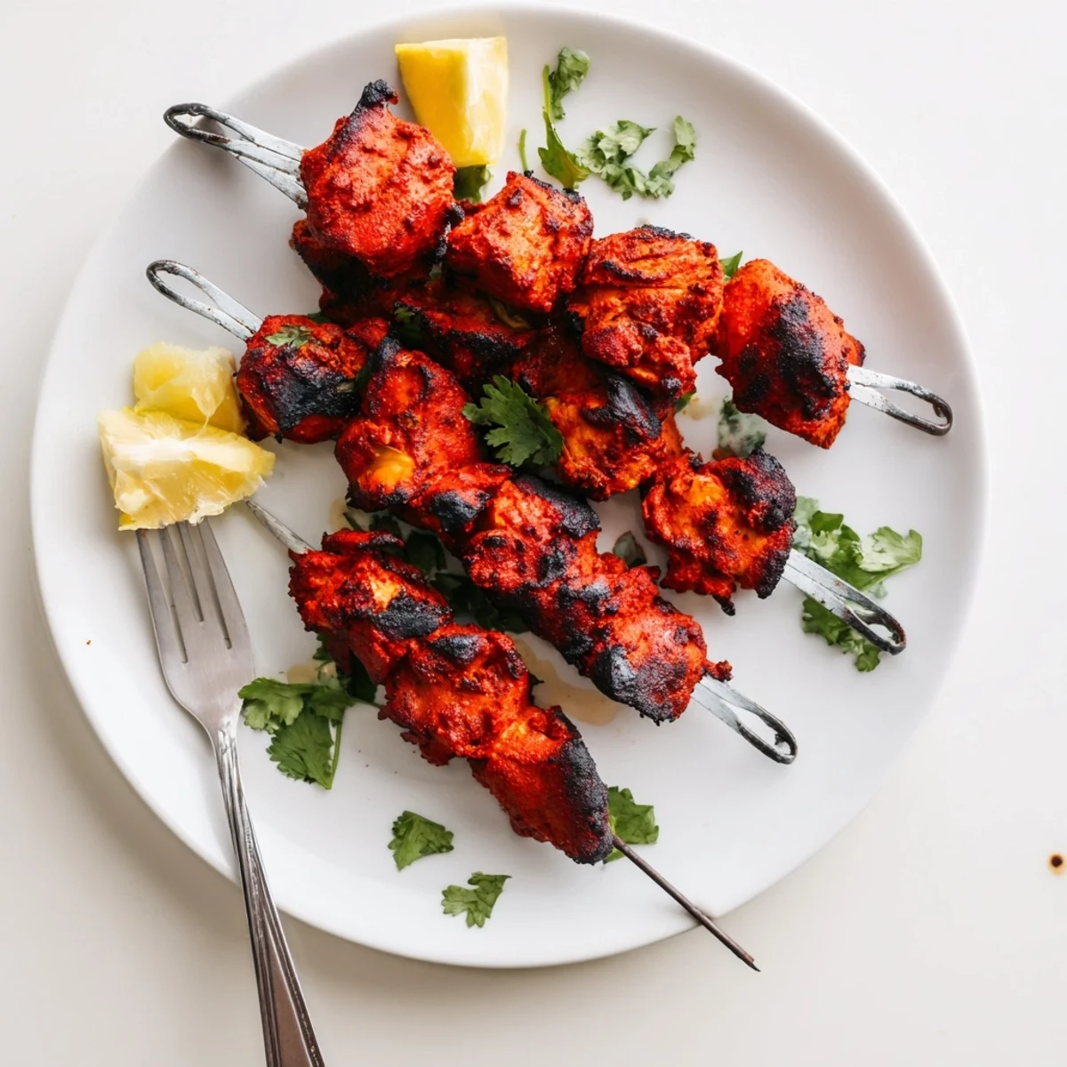 Juicy Tandoori Chicken Tikka Skewers glistening with yogurt spices, served hot