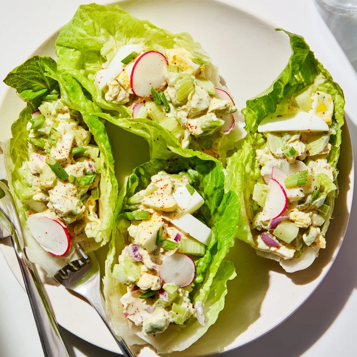 Creamy Egg Salad Lettuce Wraps nestled in butter lettuce, zesty lemon hints