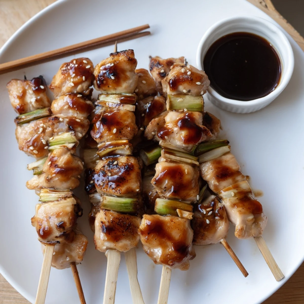 Sizzling Japanese Chicken Yakitori Ultimate Recipe skewers garnished with scallions and sesame