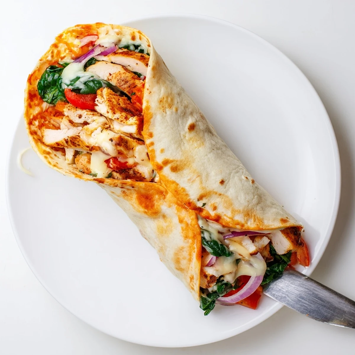 Cheesy Garlic Chicken Wraps with melted cheese, golden skillet seared edges, warm