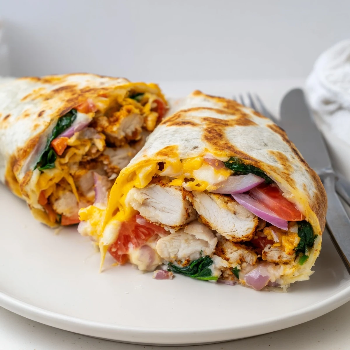 Warm Cheesy Garlic Chicken Wraps sliced, steam rising, spinach and tomato peeking