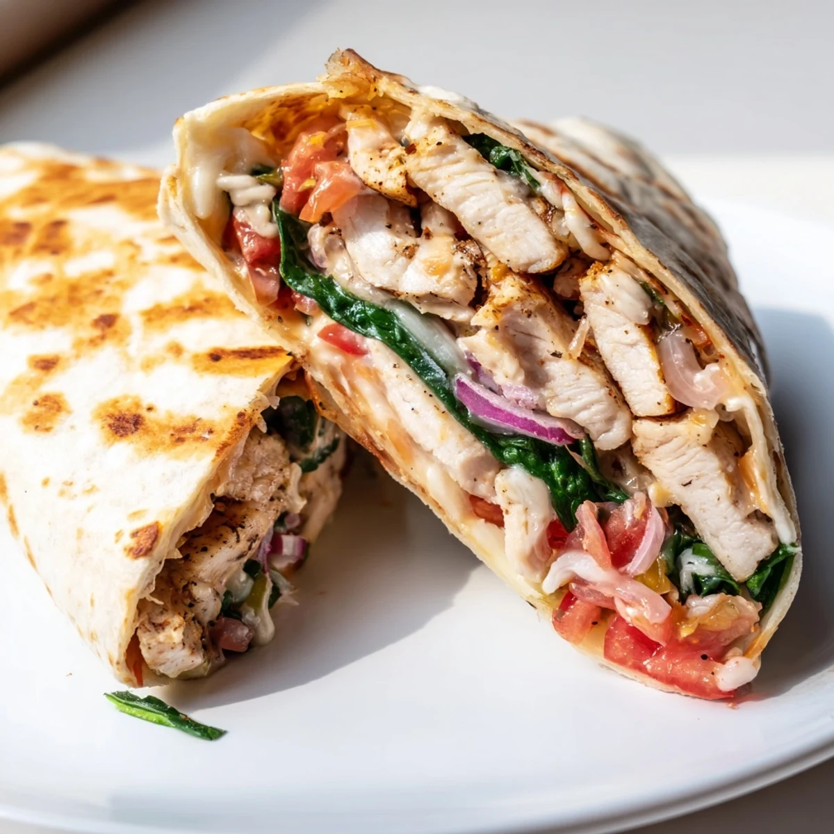 Pan grilled Cheesy Garlic Chicken Wraps oozing mozzarella, served halved with parsley