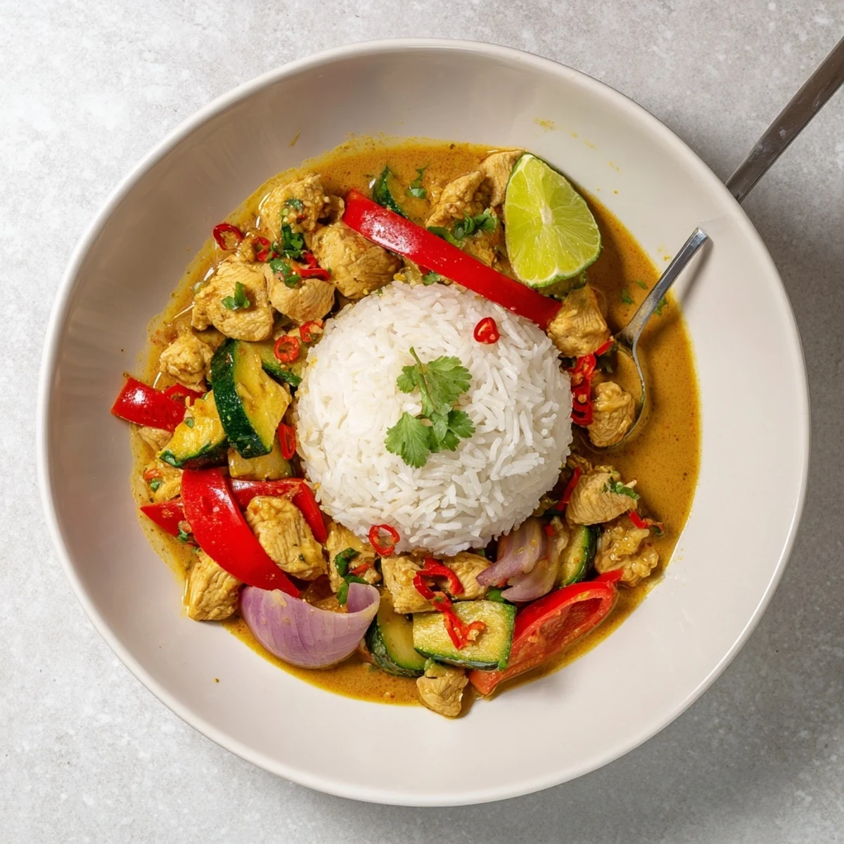 Spicy Summer Coconut Chicken Curry steaming over rice, fragrant cilantro and lime