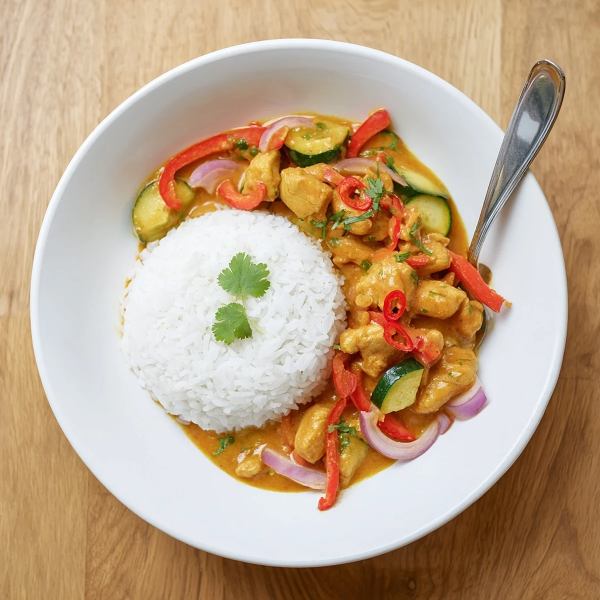 Bowl of Spicy Summer Coconut Chicken Curry glowing with red chilies, juicy tomatoes