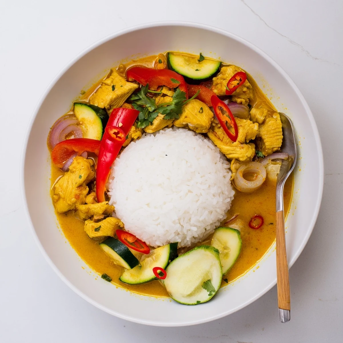 Skillet of Spicy Summer Coconut Chicken Curry, creamy sauce and tender chicken