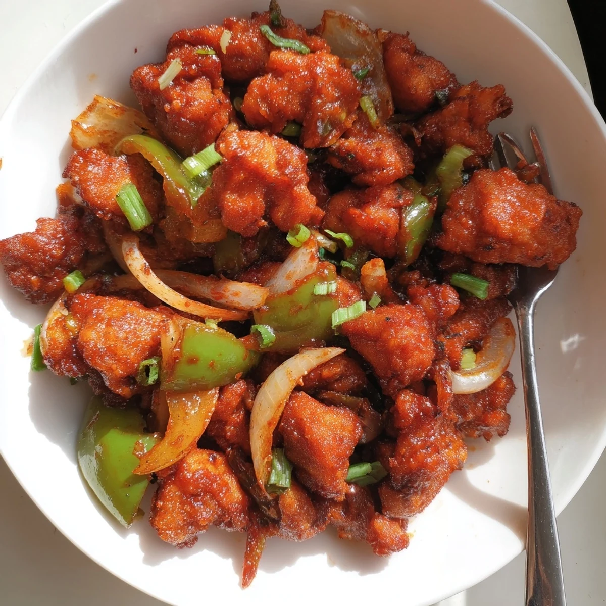 Flavorful Chilli Chicken Indo Chinese tossed in glossy sauce, served with fried rice
