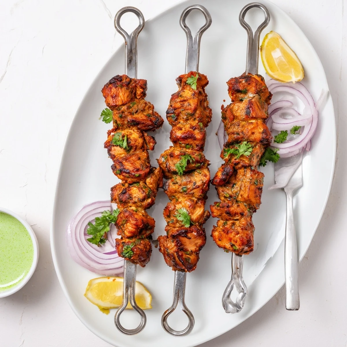 Tandoori Chicken Tikka Skewers, charred edges glistening, lemon wedges and cilantro