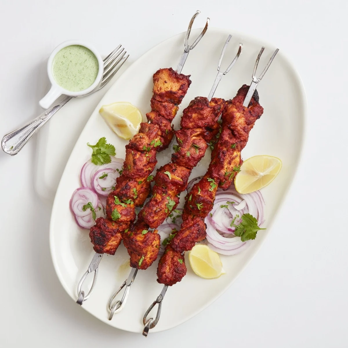 Grilled Tandoori Chicken Tikka Skewers piled on a platter, vibrant spices