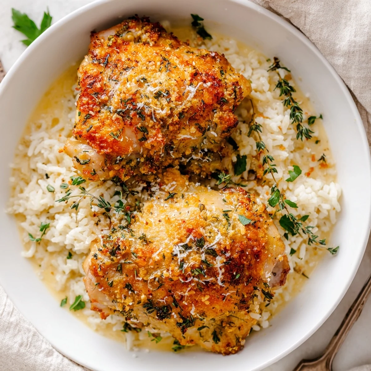 Golden Herb Crusted Chicken Thighs In Creamy Garlic Sauce With Rice served steaming hot