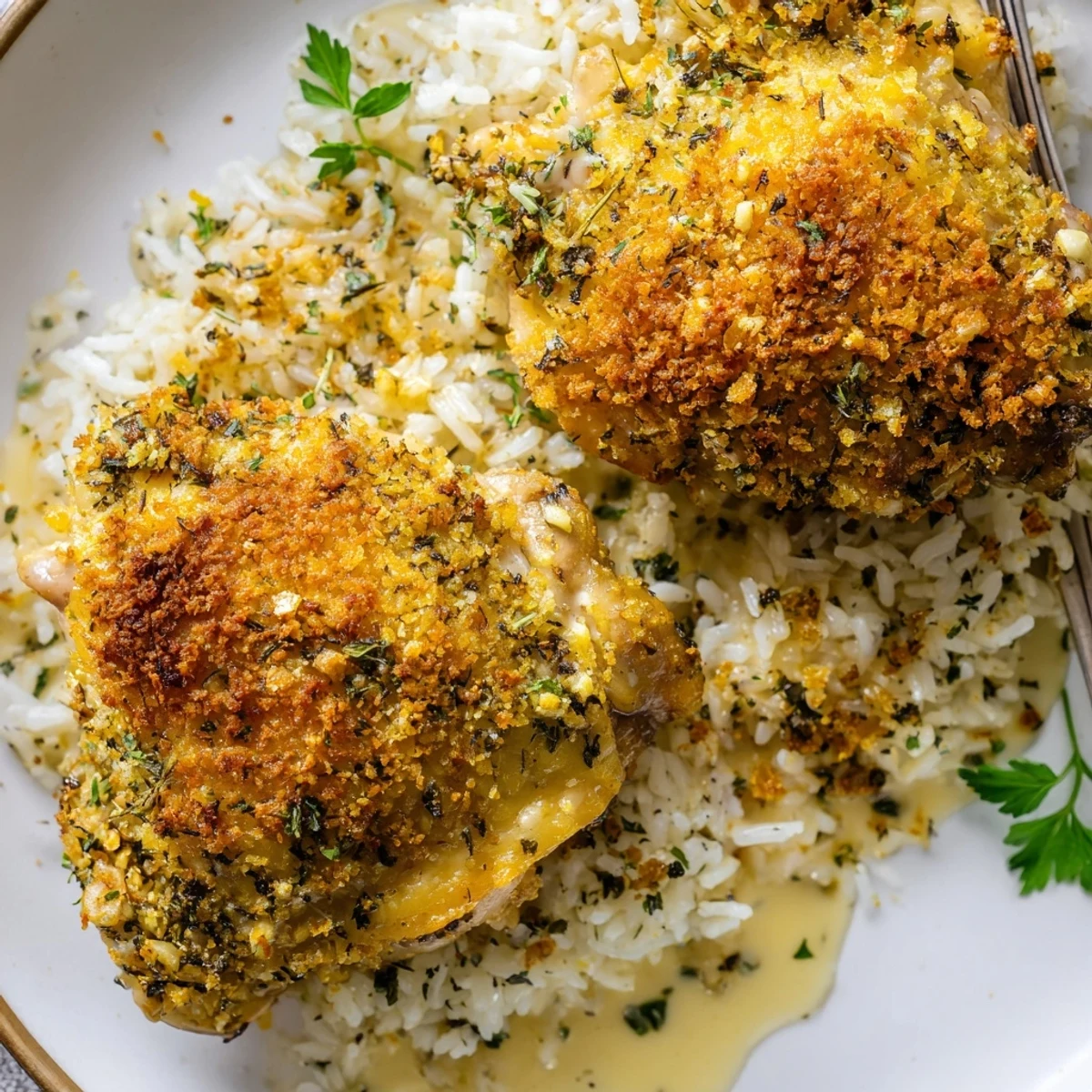 Golden Herb Crusted Chicken Thighs In Creamy Garlic Sauce With Rice, garnished with parsley