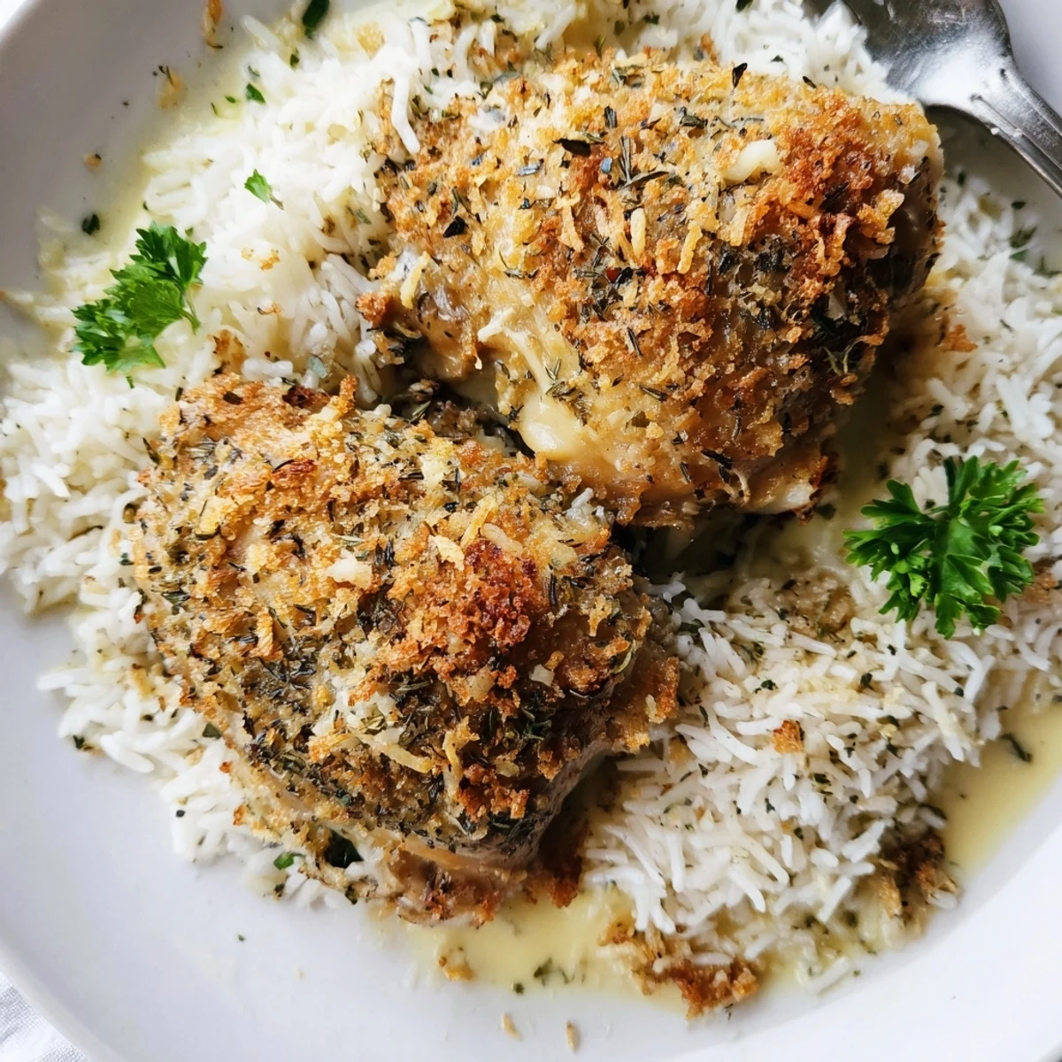 Golden Herb Crusted Chicken Thighs In Creamy Garlic Sauce With Rice, rich and fragrant