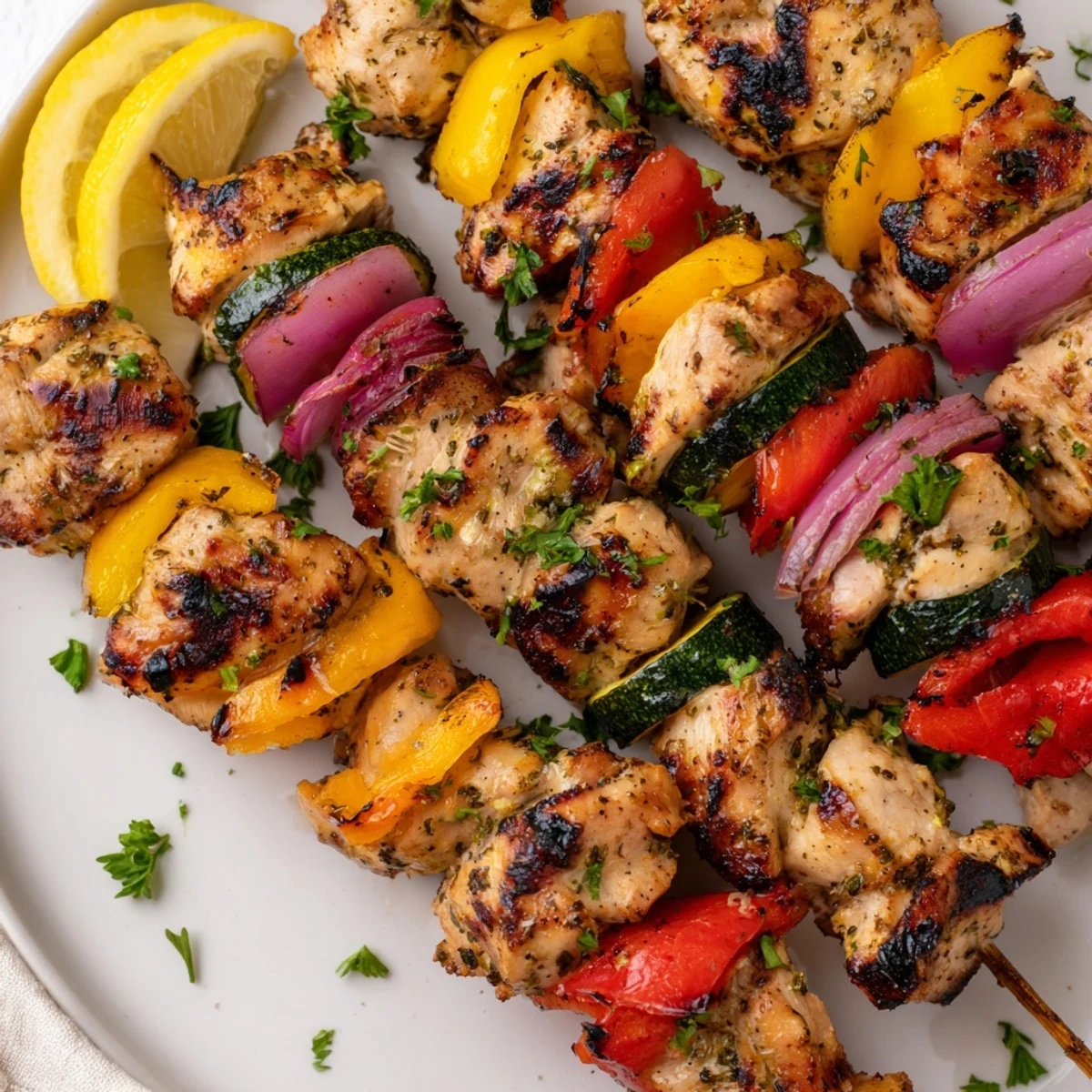 Grilled Chicken Kabobs sizzling with charred edges, colorful peppers, lemon wedges
