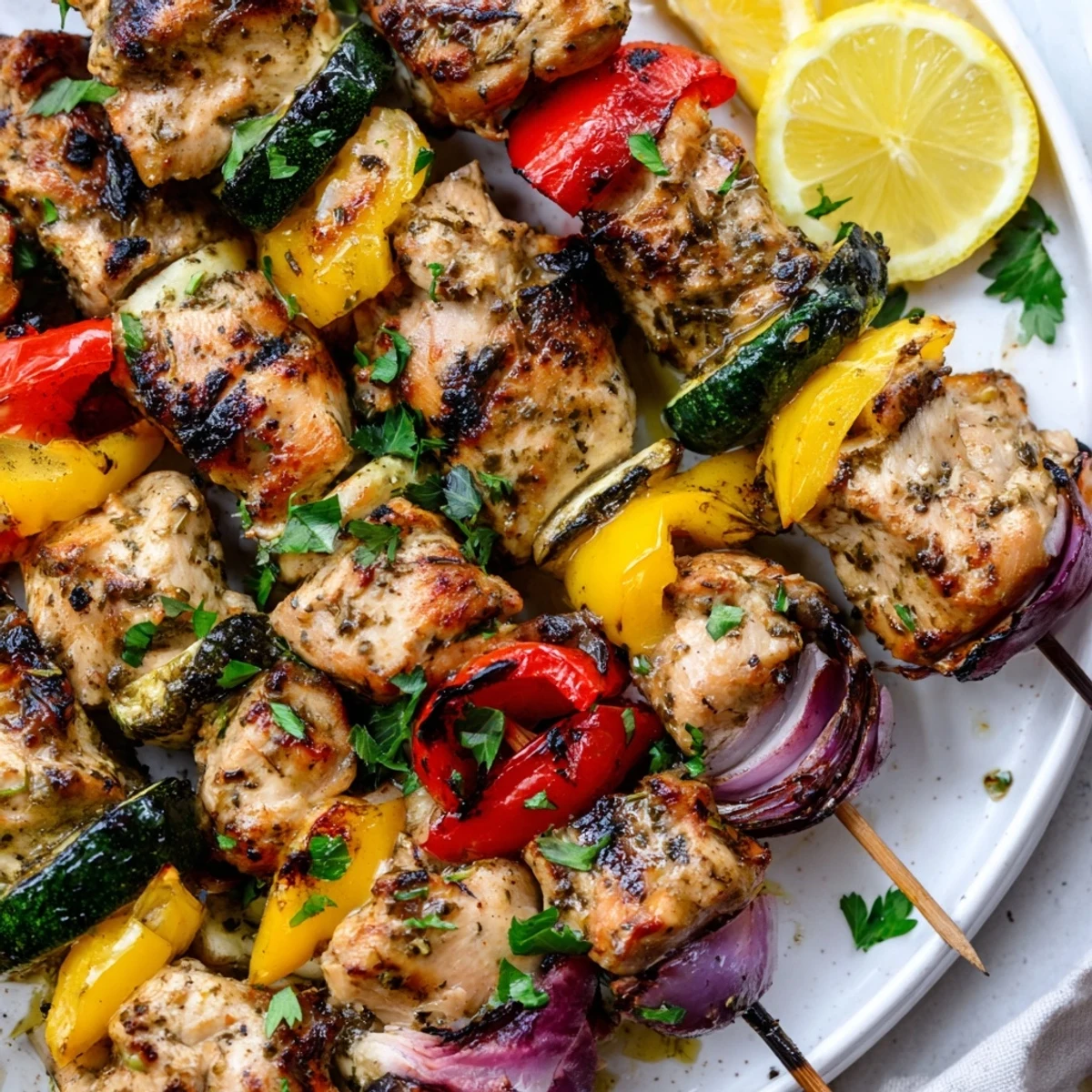 Skewers of Grilled Chicken Kabobs served over rice with bright parsley