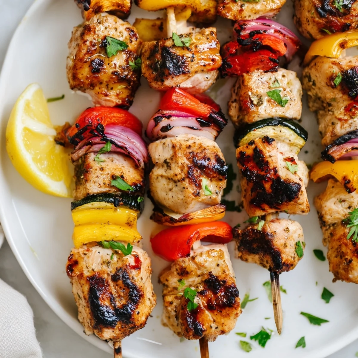 Smoky Grilled Chicken Kabobs marinated in lemon-herb oil, resting on skewers