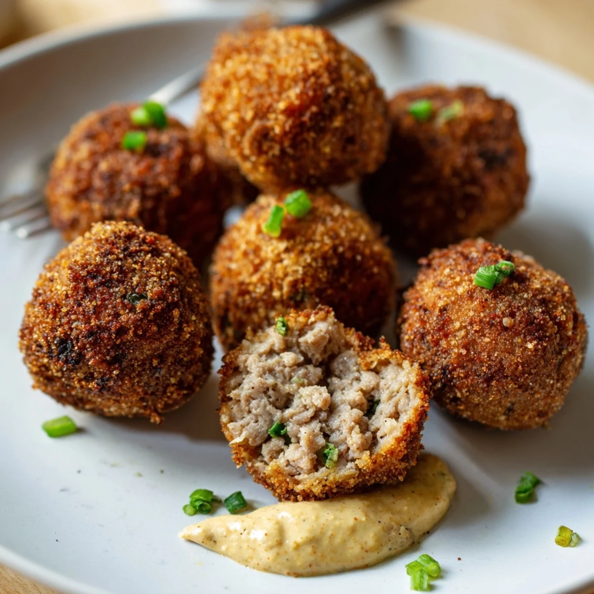 Buttery-smelling Cajun Boudin Balls served with creamy remoulade and lemon wedge