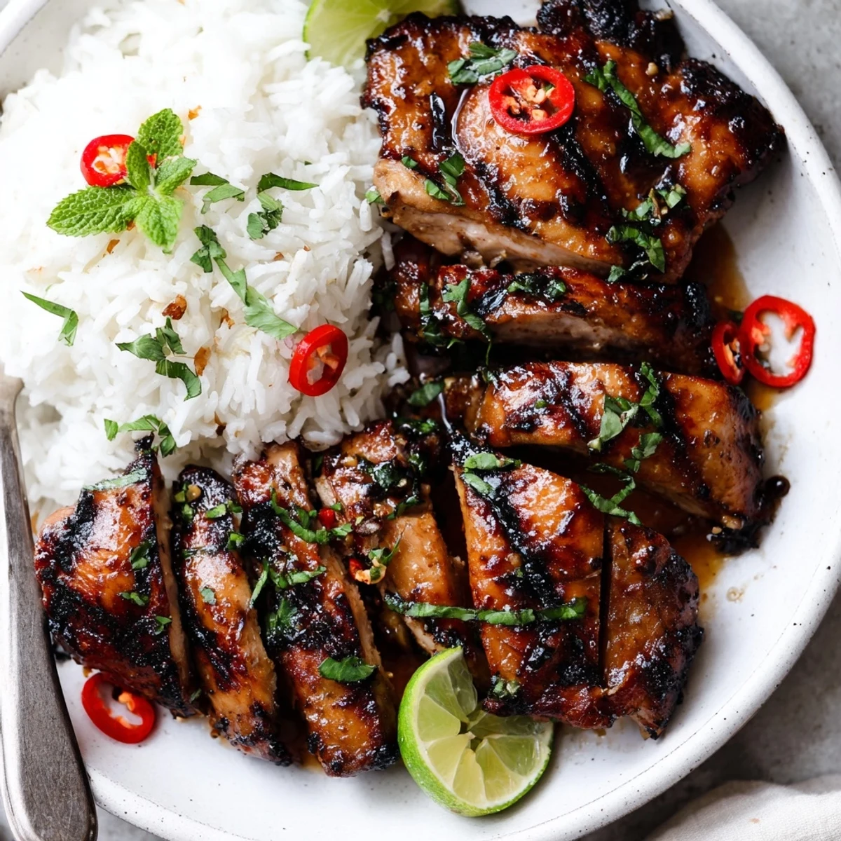 Grilled Vietnamese Chicken with caramelized char marks, fragrant lemongrass and lime