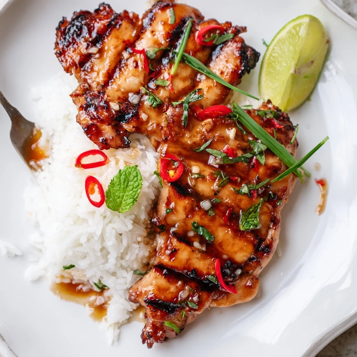 Juicy Grilled Vietnamese Chicken resting on herbs, lime wedges, jasmine rice