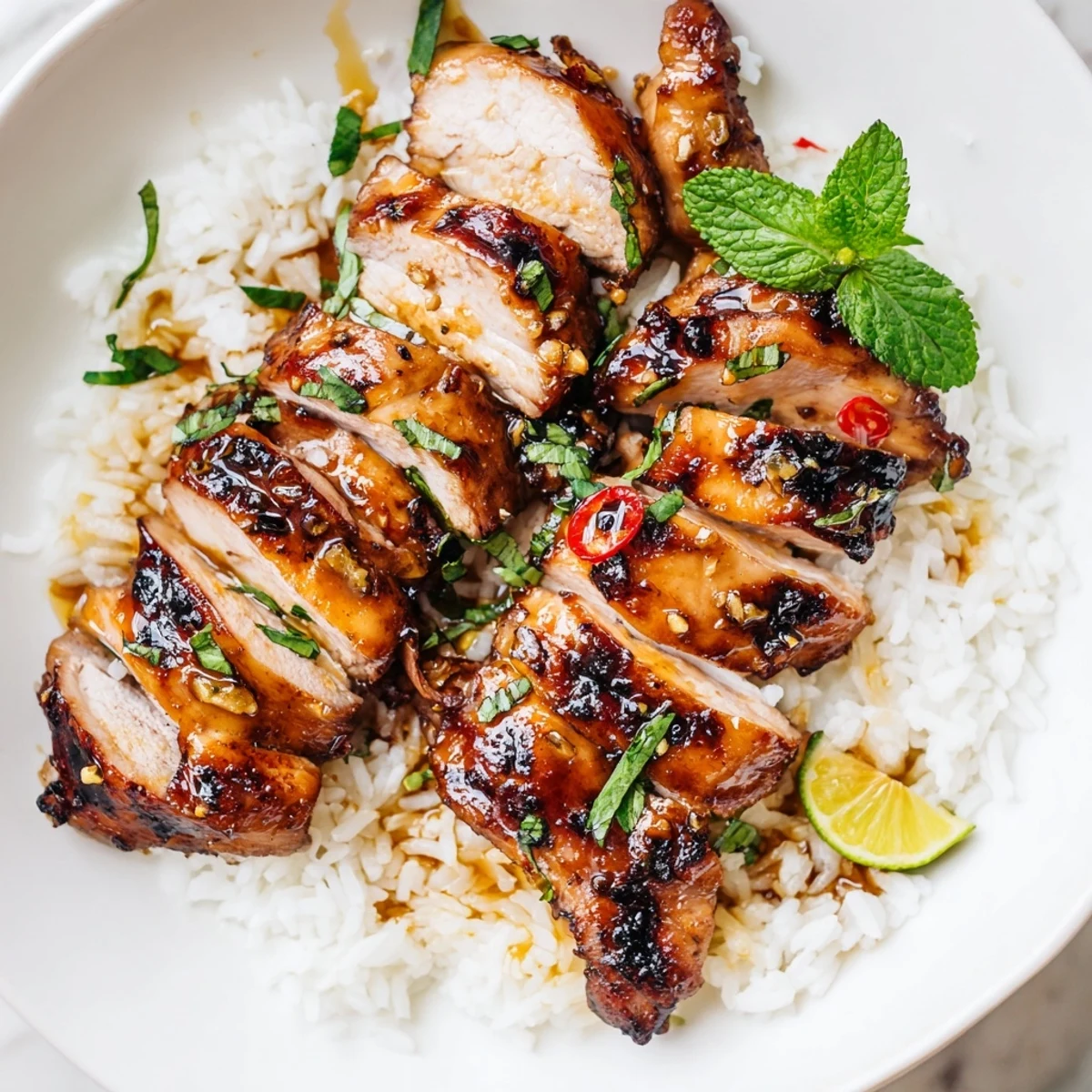 Marinated Grilled Vietnamese Chicken sizzling on the grill, garnished with cilantro