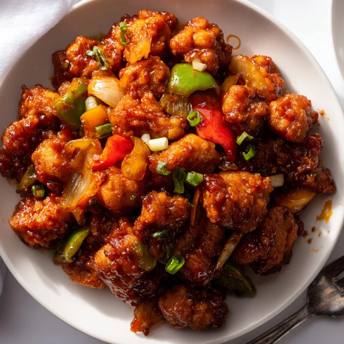 Serve hot Chilli Chicken Indo Chinese Recipe over steamed rice with crunchy peppers