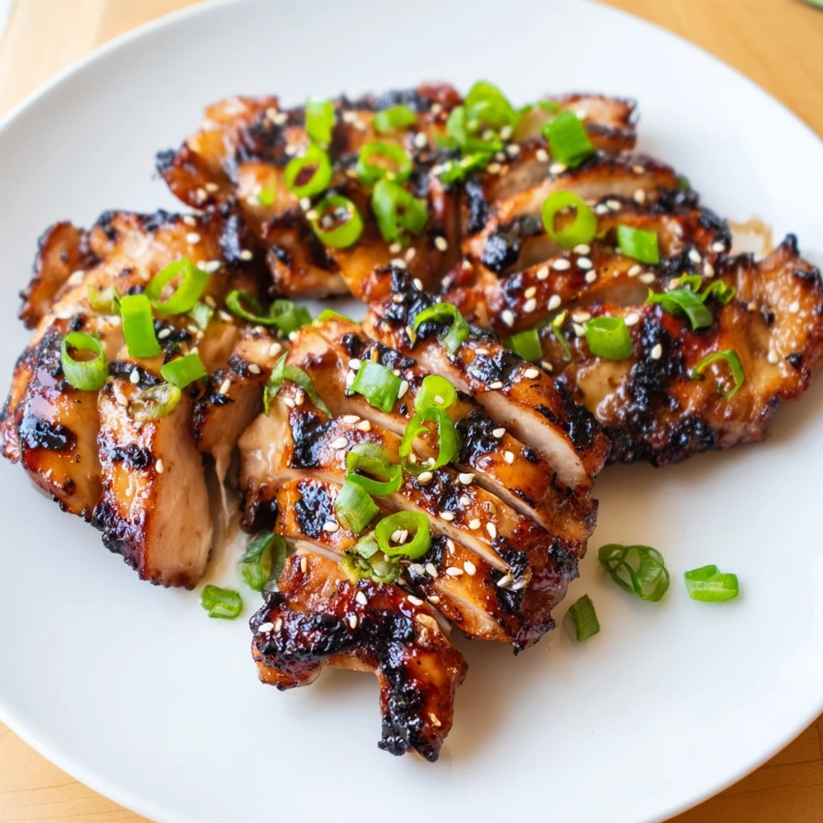 Juicy Japanese BBQ Chicken Thighs with charred edges, glossy glaze and sesame seeds