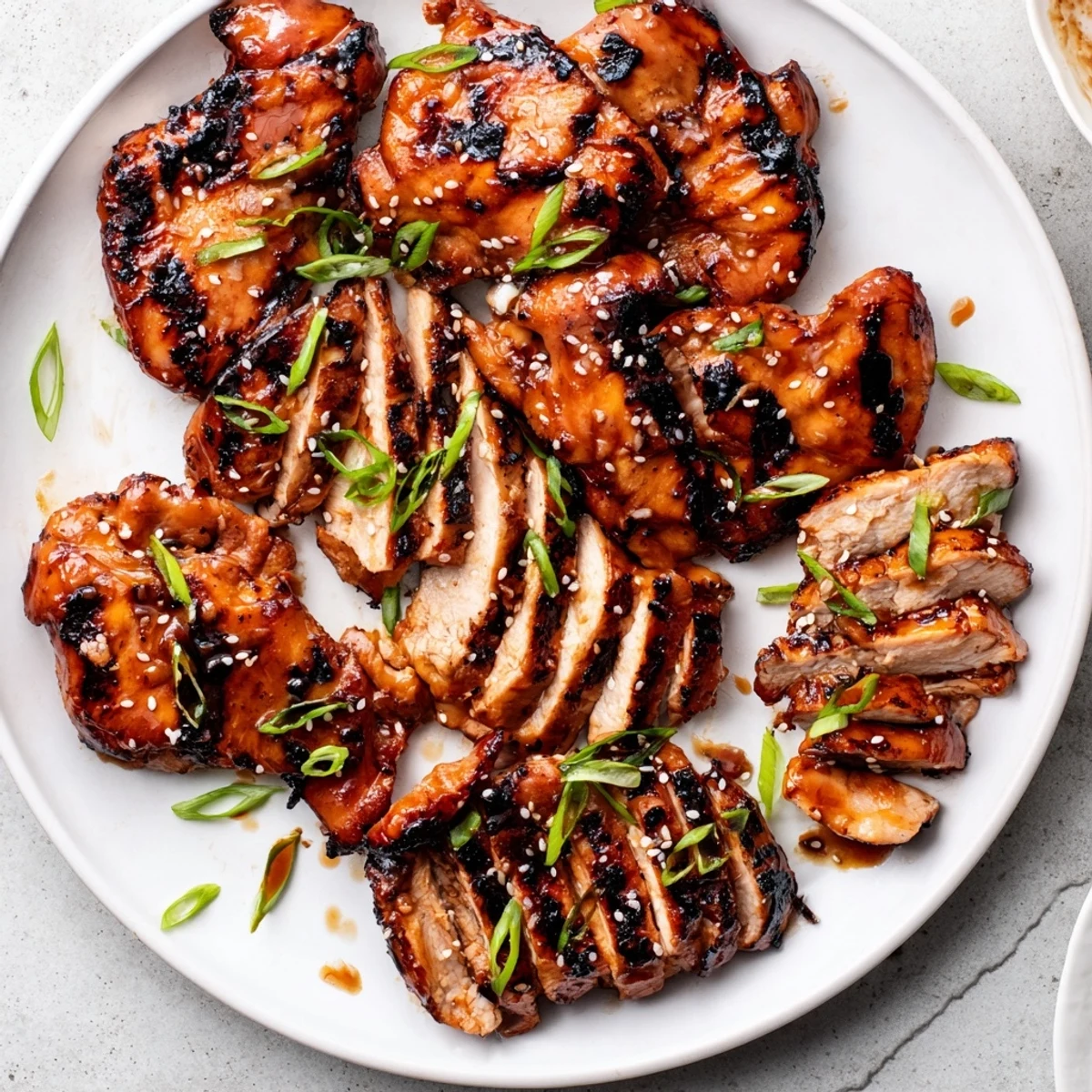 Grilled Juicy Japanese BBQ Chicken Thighs resting on steamed rice, fragrant sauce