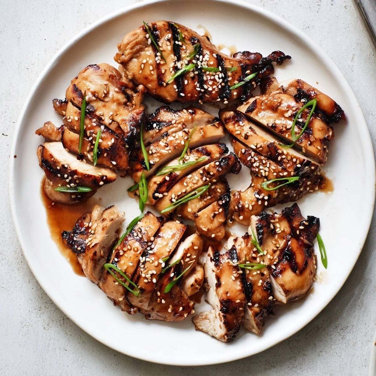 Plated Juicy Japanese BBQ Chicken Thighs, tender meat glistening, garnished with green onions