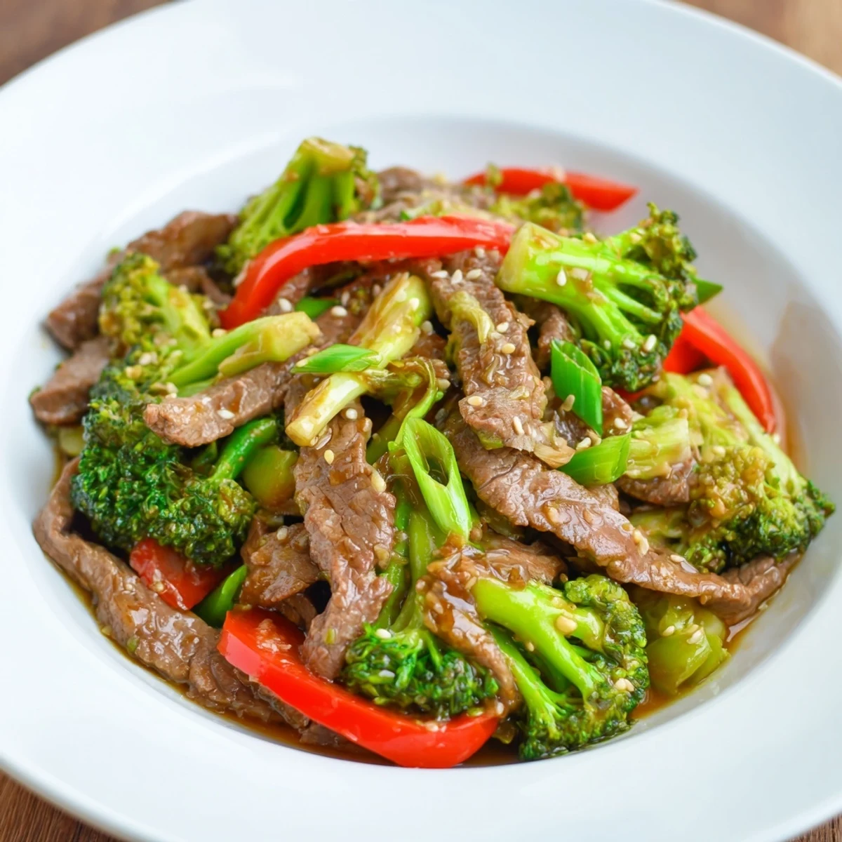 Sliced flank steak and bright broccoli in Beef And Broccoli Stir Fry, wok-tossed