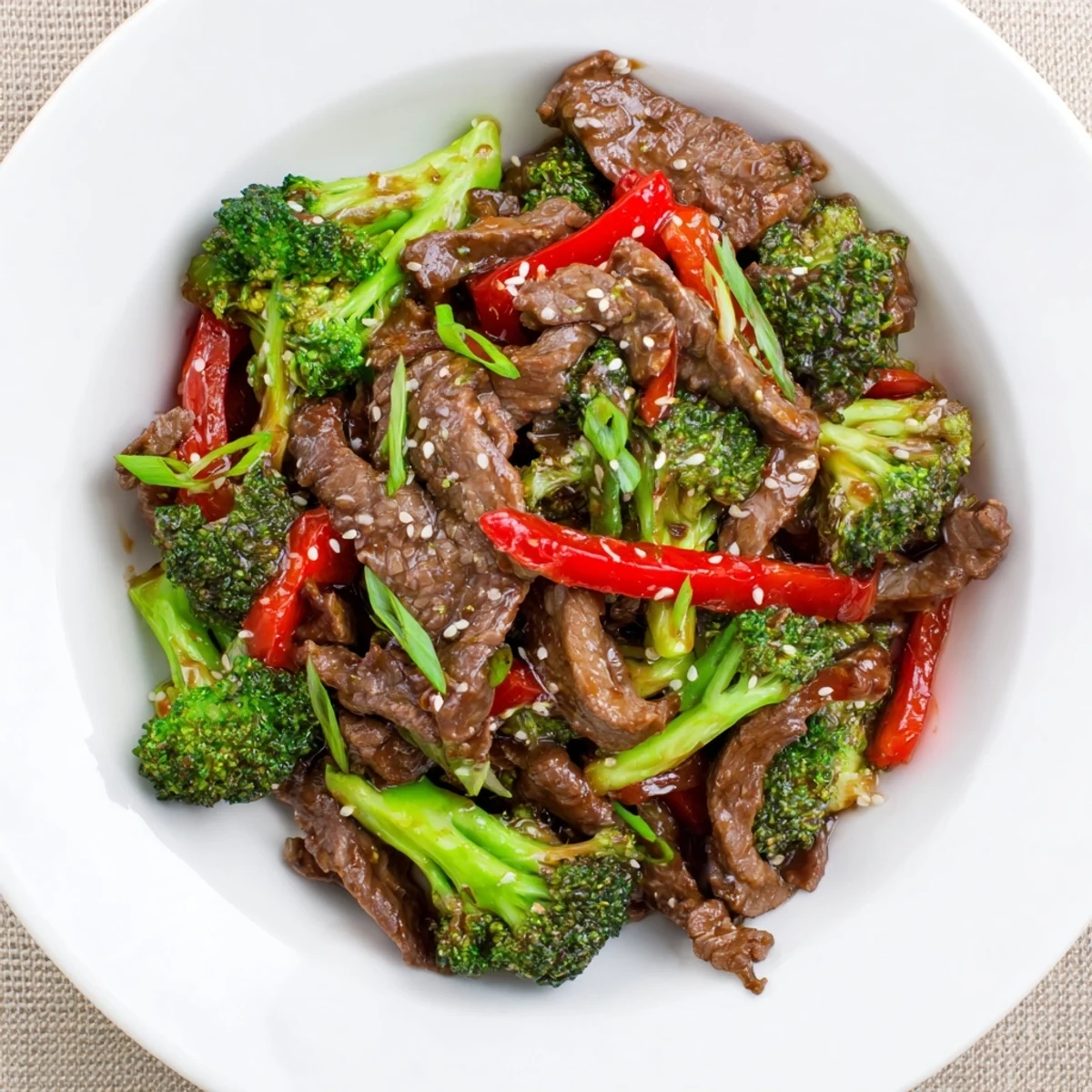 Weeknight Beef And Broccoli Stir Fry plated with sesame seeds, scallions, steaming aroma