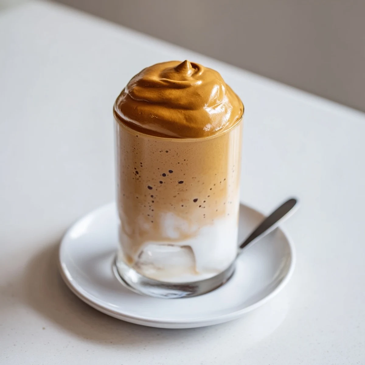 Dalgona Coffee with velvety whipped foam resting atop iced milk, cocoa-sprinkled.