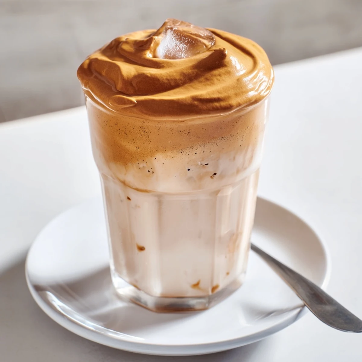 Frothy Dalgona Coffee layered over cold milk, perfect for summer sipping.