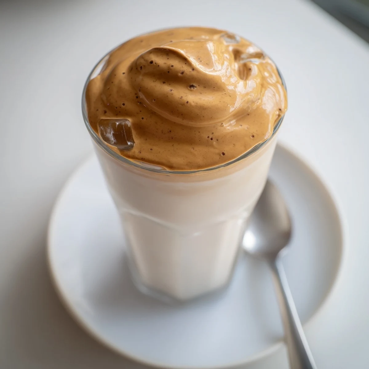 Homemade Dalgona Coffee with airy peaks, stirred into creamy chilled milk.