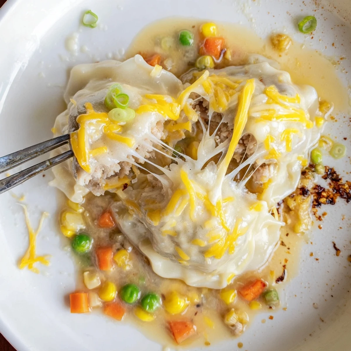 Trader Joe’s Soup Dumpling Bake bubbling golden with melty cheese and scallions