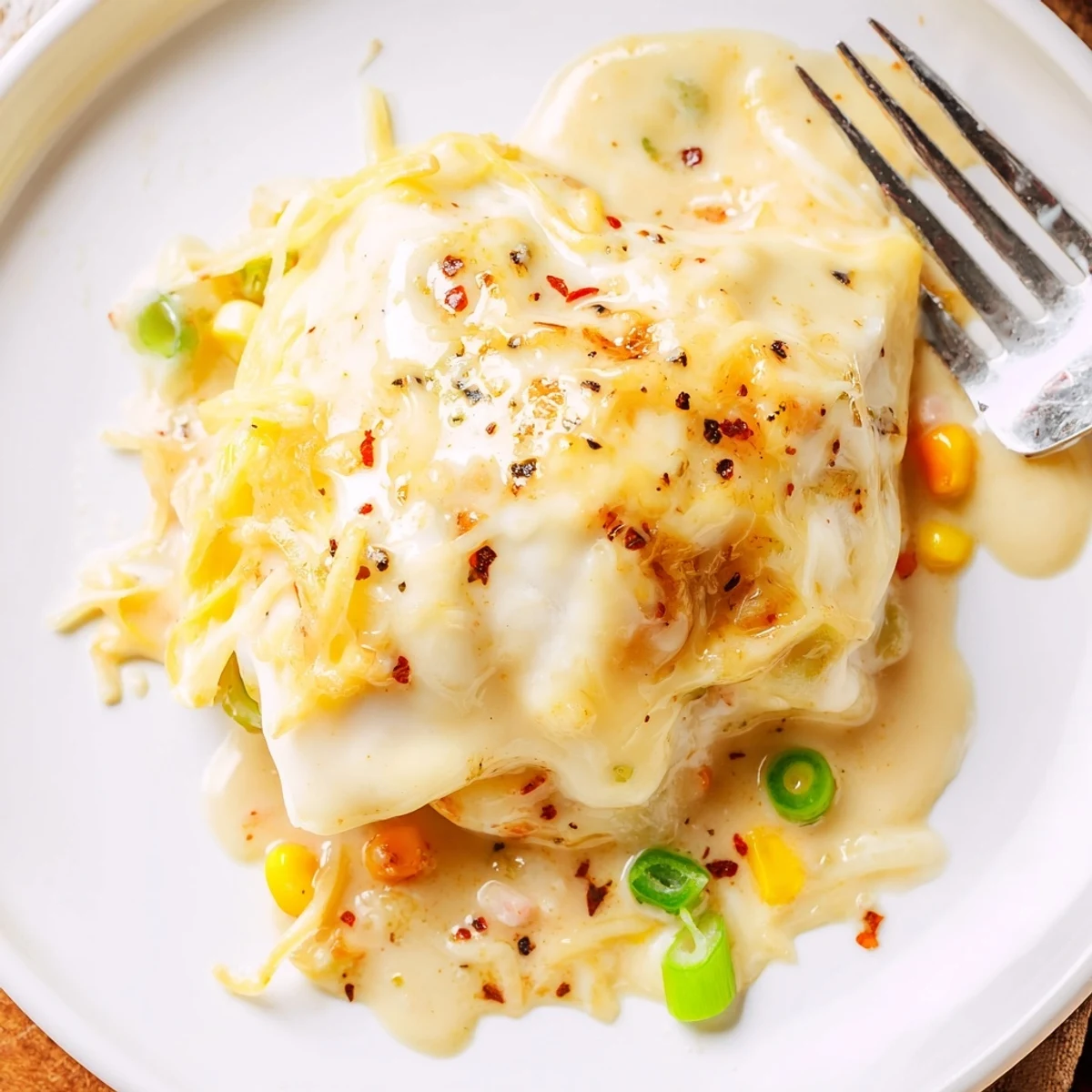 Weeknight Trader Joe’s Soup Dumpling Bake creamy broth soaked dumplings, sprinkled chili flakes