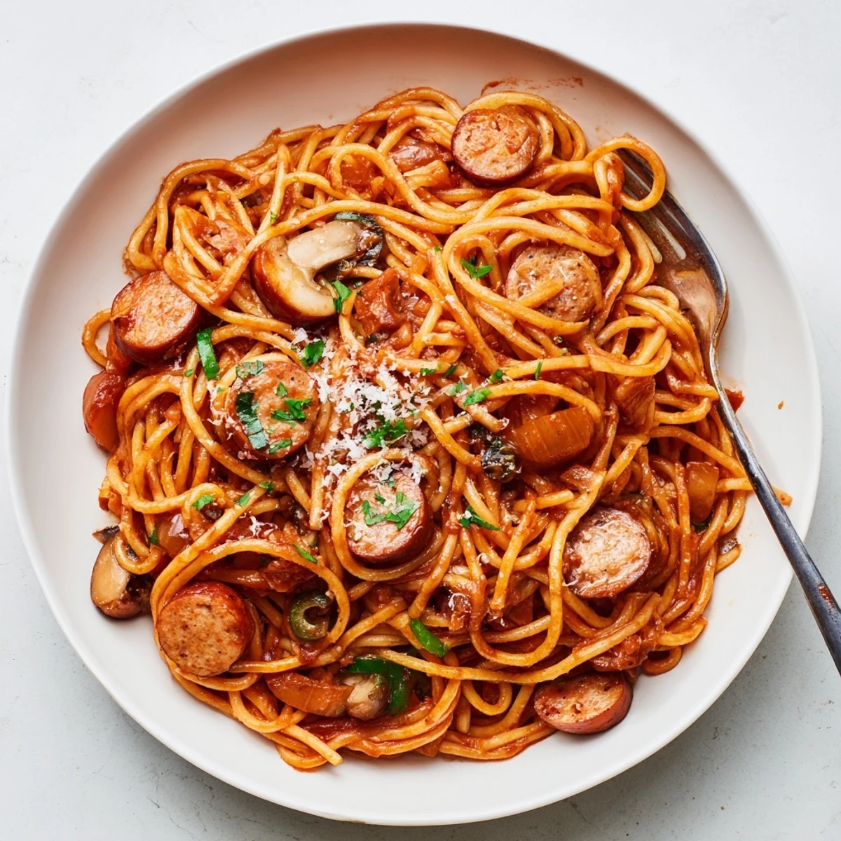 Spaghetti Napolitan glistening in sweet ketchup sauce with sauteed peppers and sausage